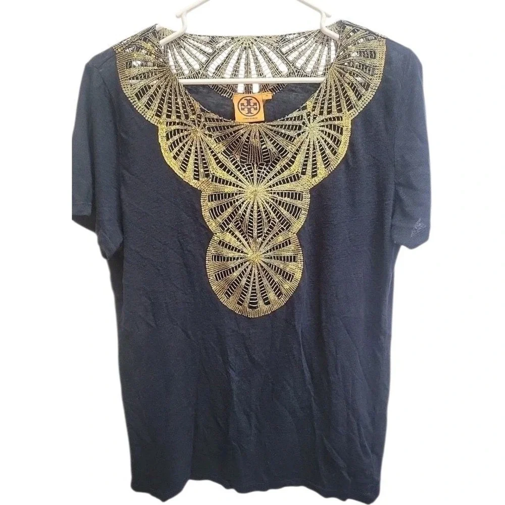 Tory Burch‎ Womens Blue 100% Linen Gold Sequence Scoop Neck Blouse Sz M